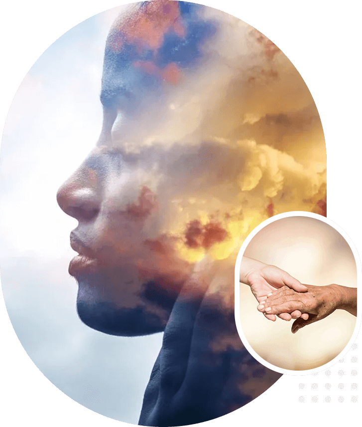 A person with their head in the clouds and hands touching