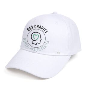 A white hat with the words " gas charity " on it.