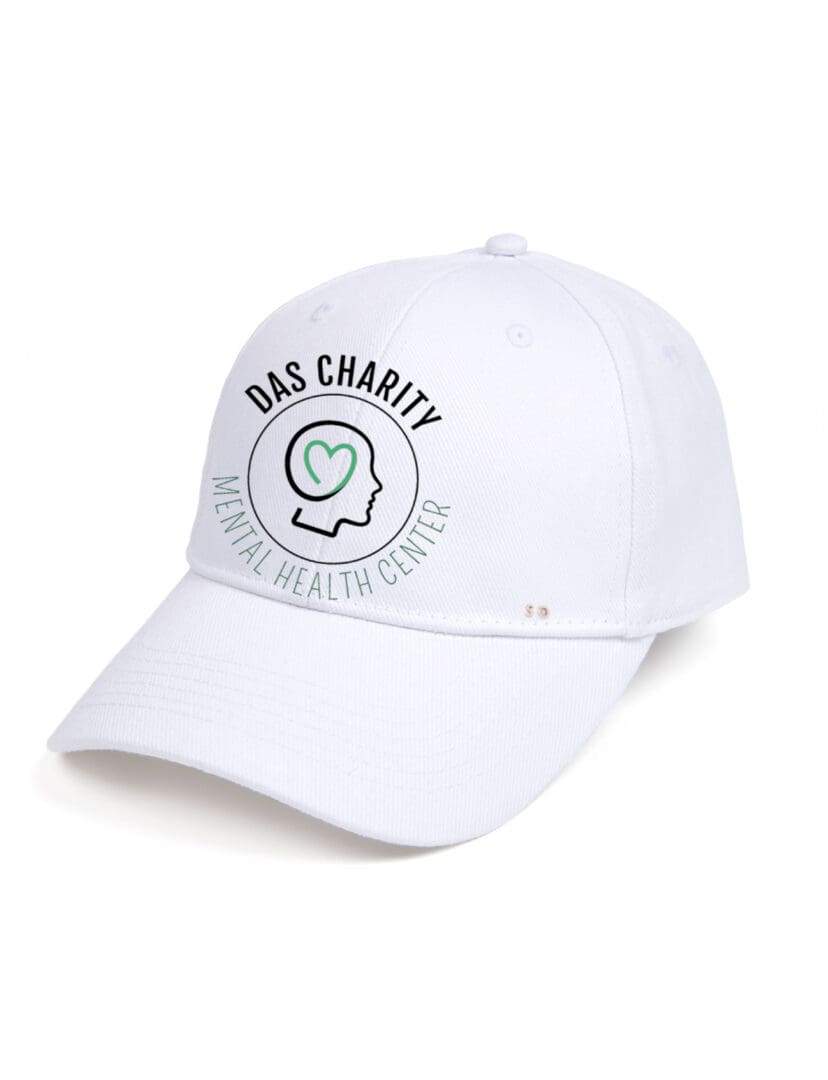 A white hat with the words " gas charity " on it.